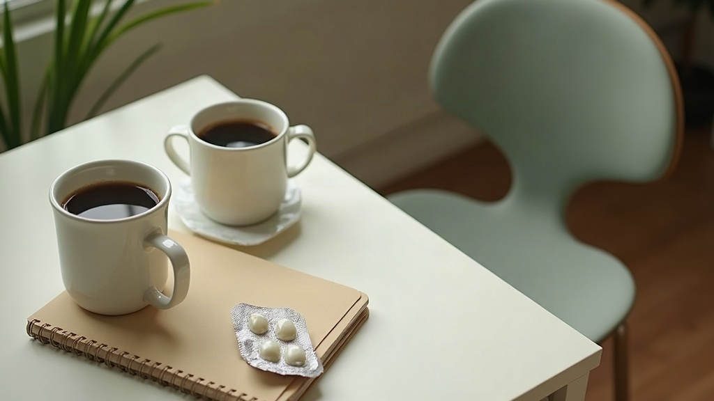 Documentary still life of a morning desk scene with a ceramic mug of black coffe