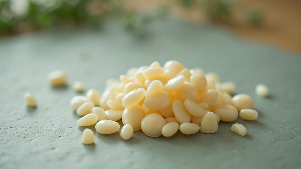 Documentary still life of a small pile of pale translucent tree resin tears next
