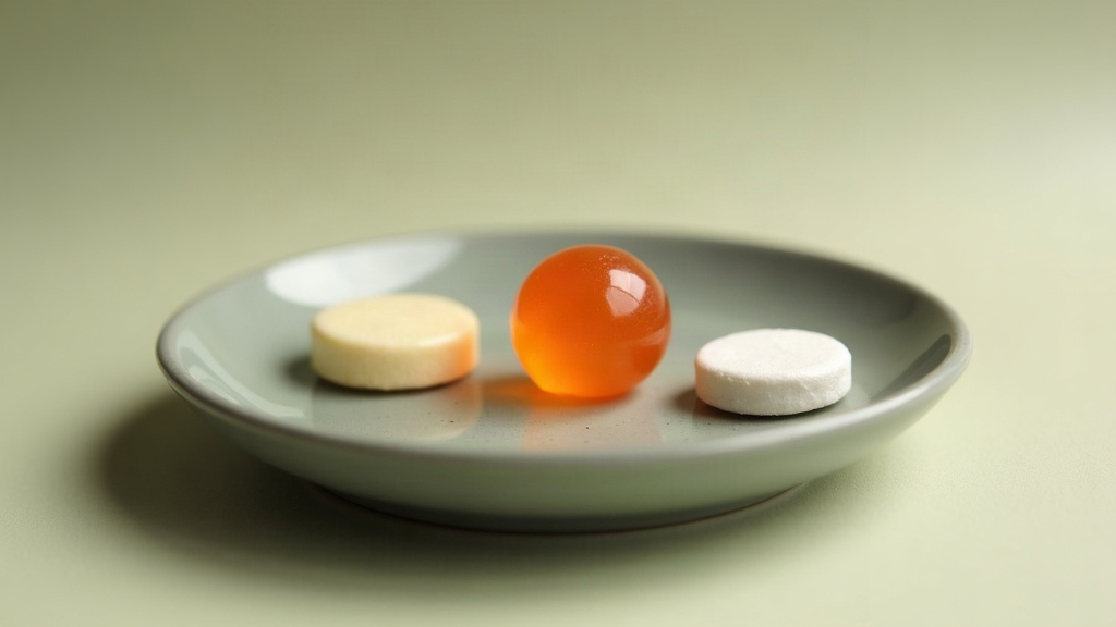 Documentary still life of a single pale stick of chewing gum, a translucent oran