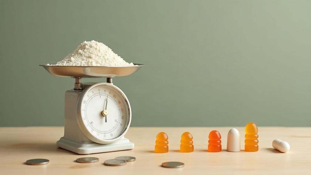 Documentary still life of a small kitchen scale holding a heap of white powder b