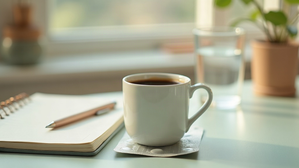 Documentary still life of a morning desk scene with a half-full white ceramic mu