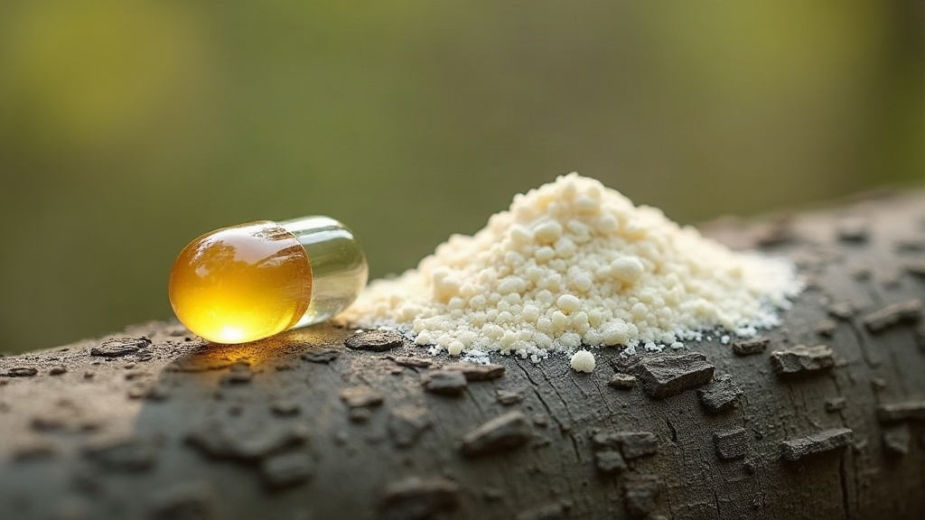 Documentary still life of translucent pale yellow tree resin droplets on a rough