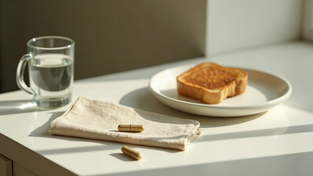 Documentary still life of a breakfast table in morning light with a glass of wat