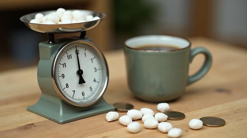 Documentary still-life of a small kitchen scale holding a handful of white coate