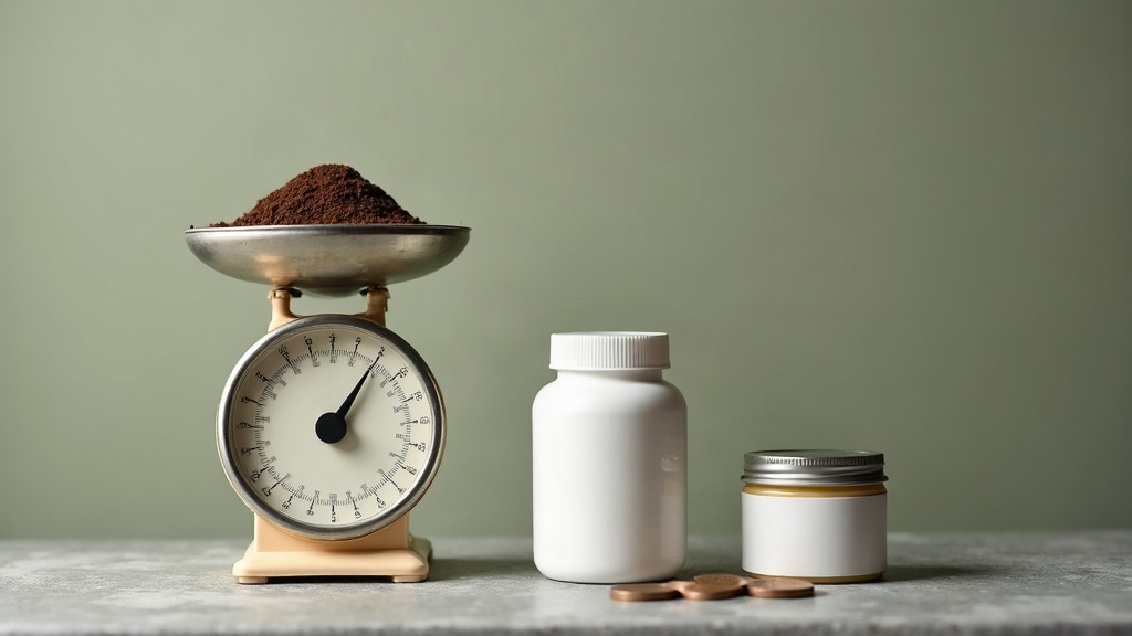 Documentary still life of a kitchen scale holding a small mound of ground coffee