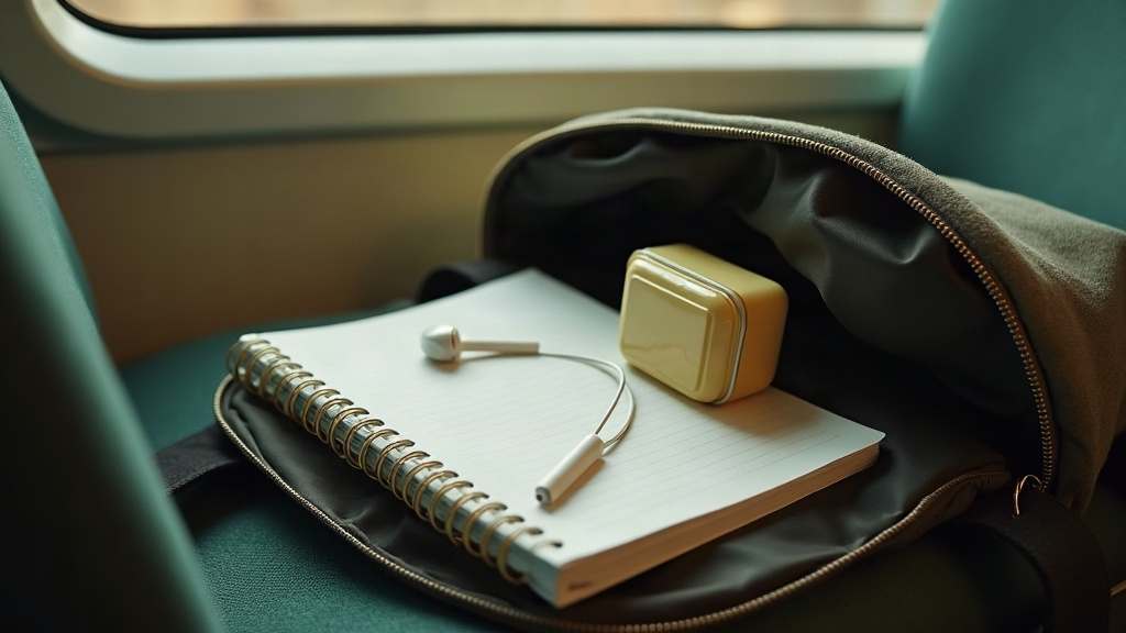 Documentary still life of an open laptop bag on a train seat with a plain unbran