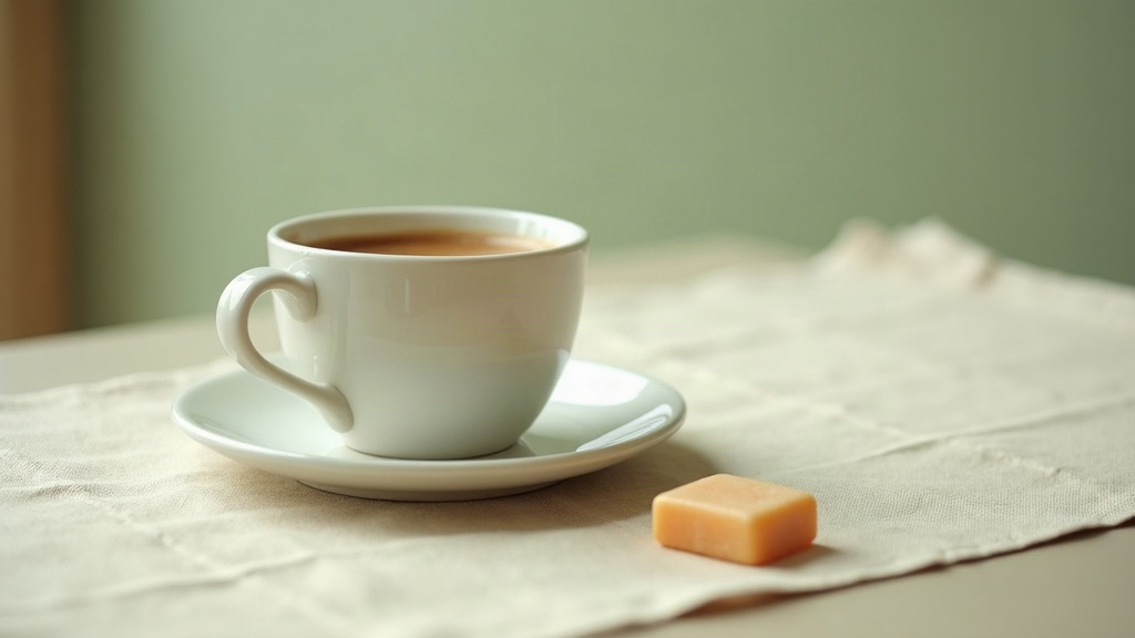 Documentary still-life of a single pale square of chewing gum resting on a white