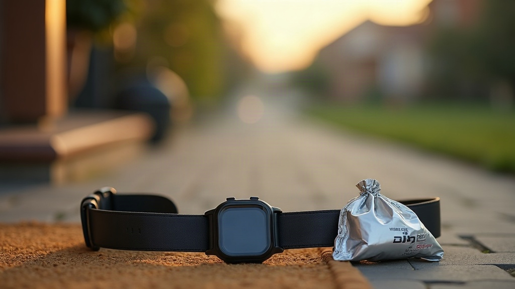 Documentary still-life of a running belt, a sports watch face turned away, a pap