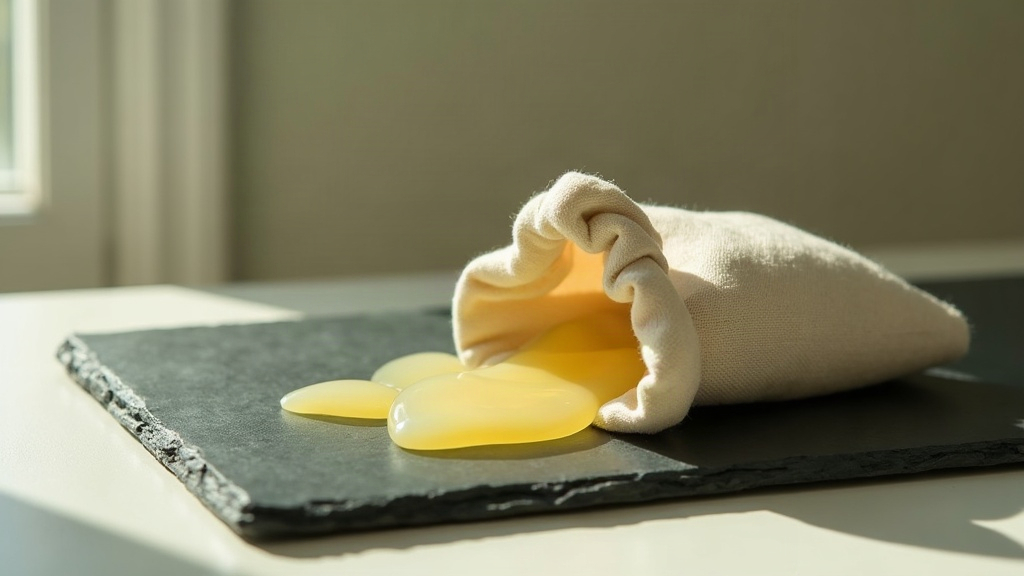 Documentary still life of translucent pale yellow resin tears spilled from a sma