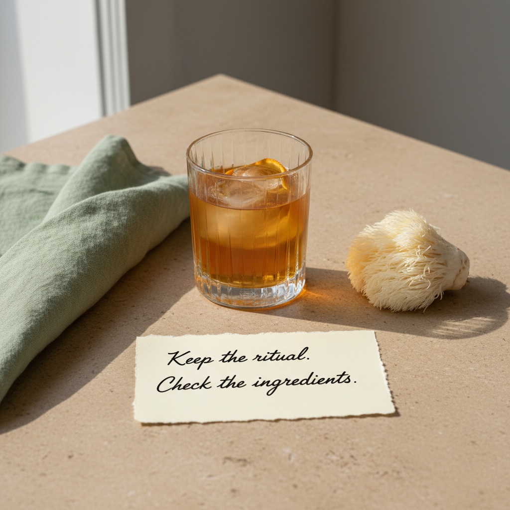 A botanical drink beside a note: Keep the ritual. Check the ingredients.