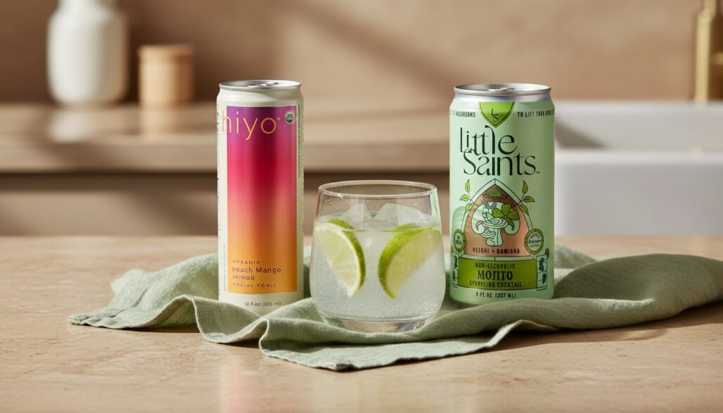 AI-generated editorial scene showing Hiyo and Little Saints Mojito cans beside an iced drink.