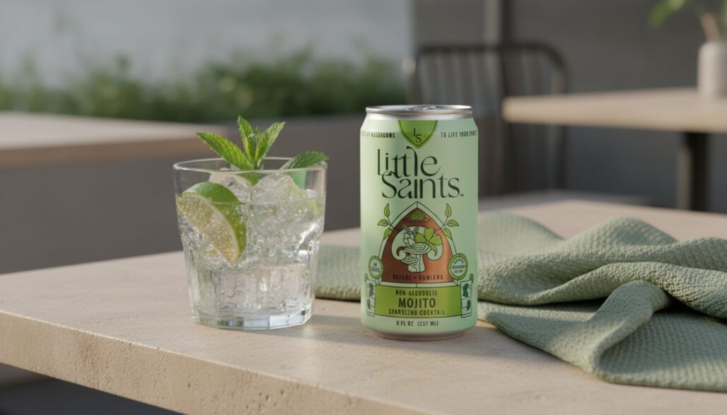 AI-generated Little Saints Mojito can beside a cold mint and lime mocktail.