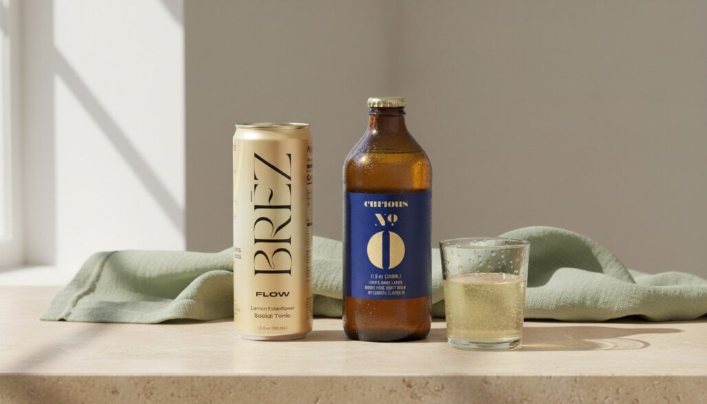 AI-generated editorial scene of BRĒZ FLOW and Curious Zero, based on official product packaging.