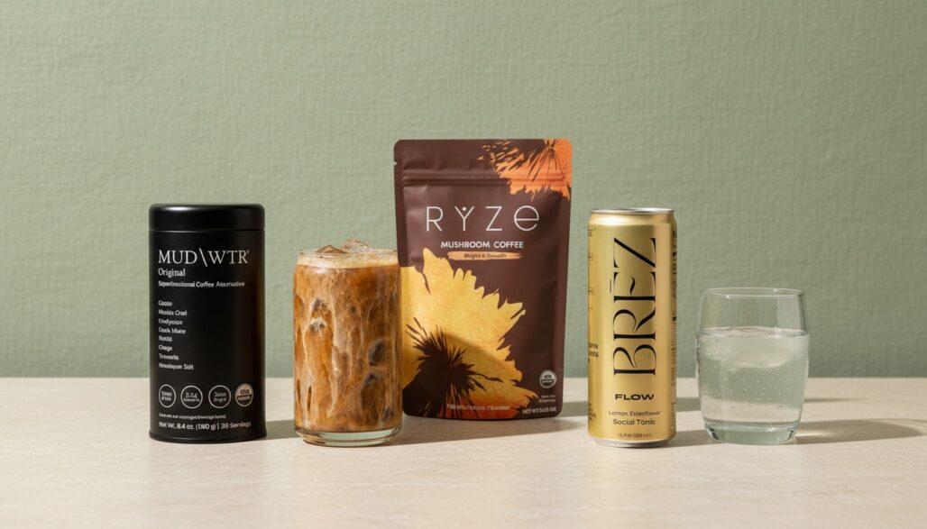 Examples of mushroom drink formats, with BRĒZ limited to THC-free FLOW.