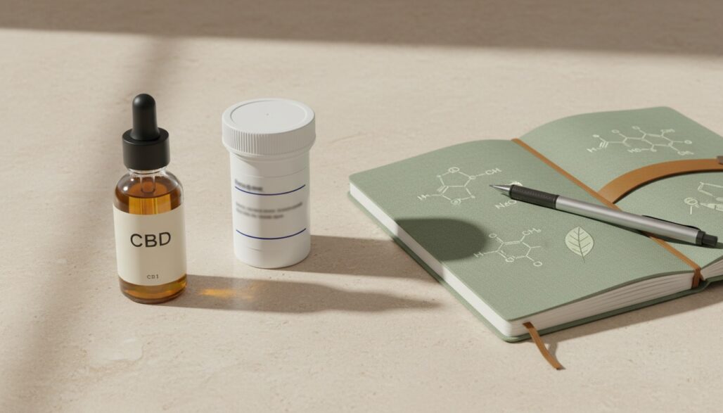 CBD and prescription medicine labels prepared for review.