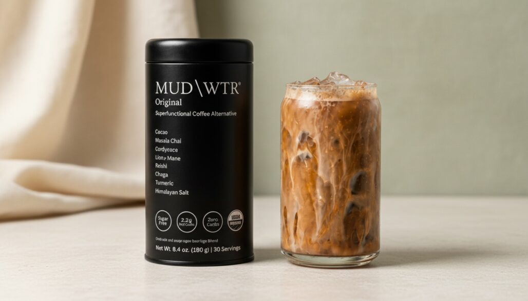 MUD/WTR Original beside an iced cacao and chai drink.