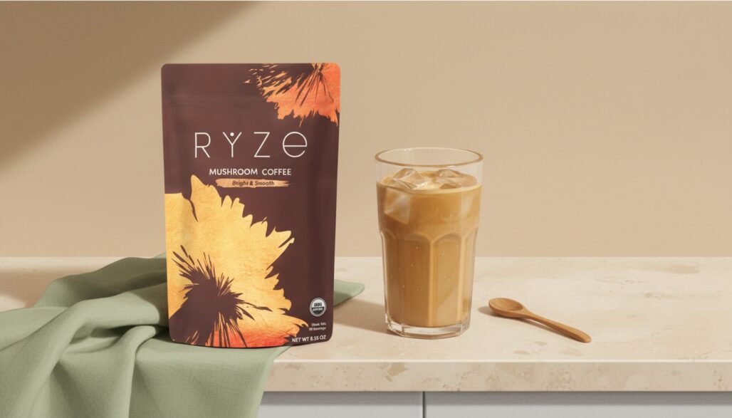 RYZE Medium Roast with an iced coffee.