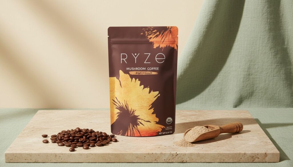 The current medium roast pouch with coffee beans and powder.