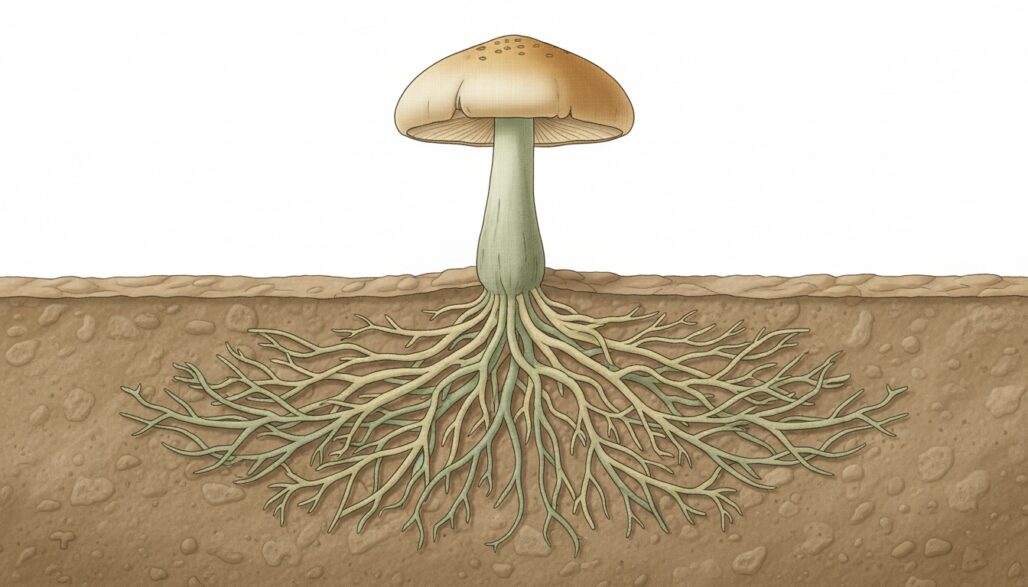 A mushroom fruiting body and its underground mycelium.