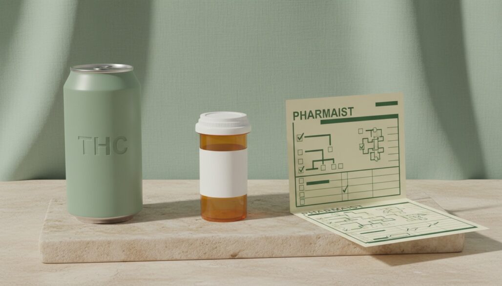 THC beverage and medication labels shown separately for an interaction check.